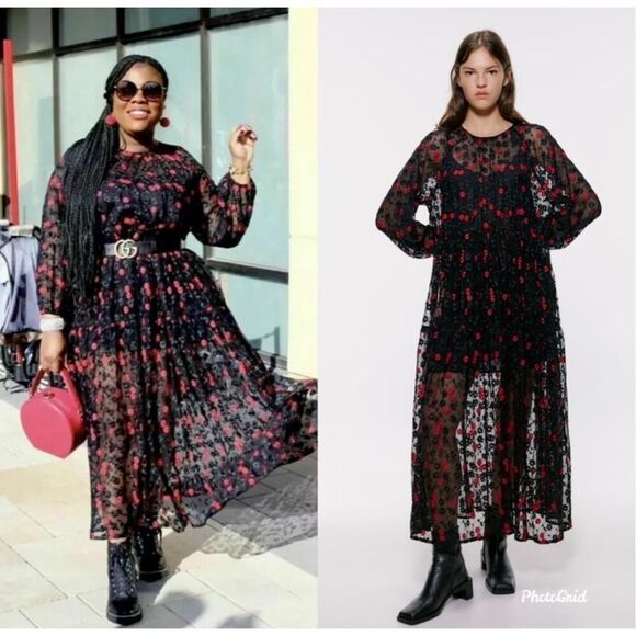 Zara Floral Embroidered Oversized sheer Dress size XS black and red - Picture 1 of 9